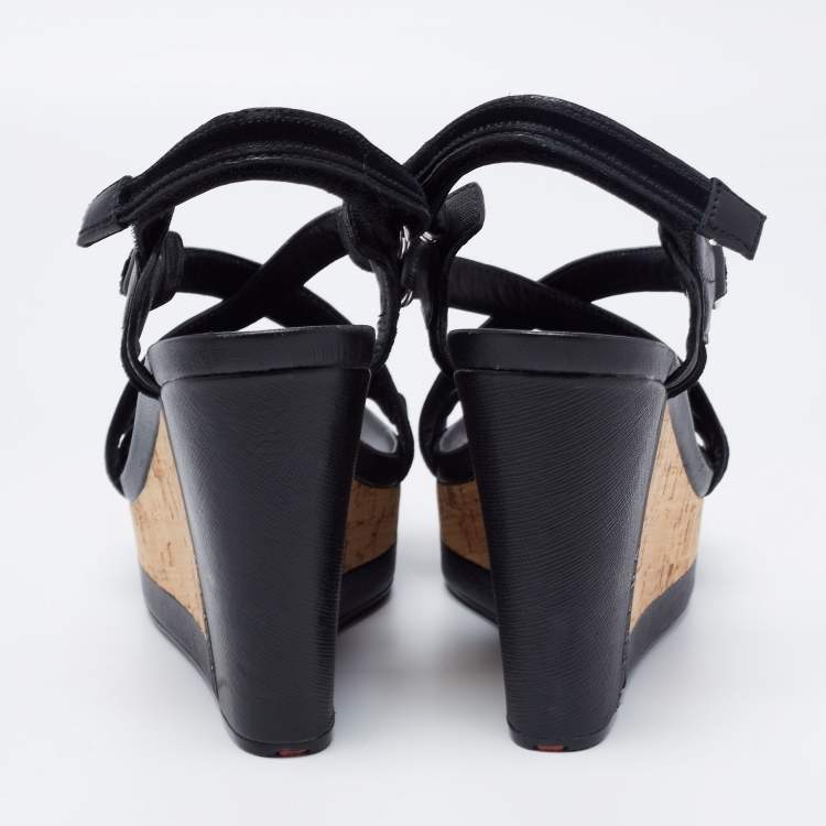 Pre Owned Prada Sport Black Leather and Velvet Cork Platform Wedge Sandals Size 36.5