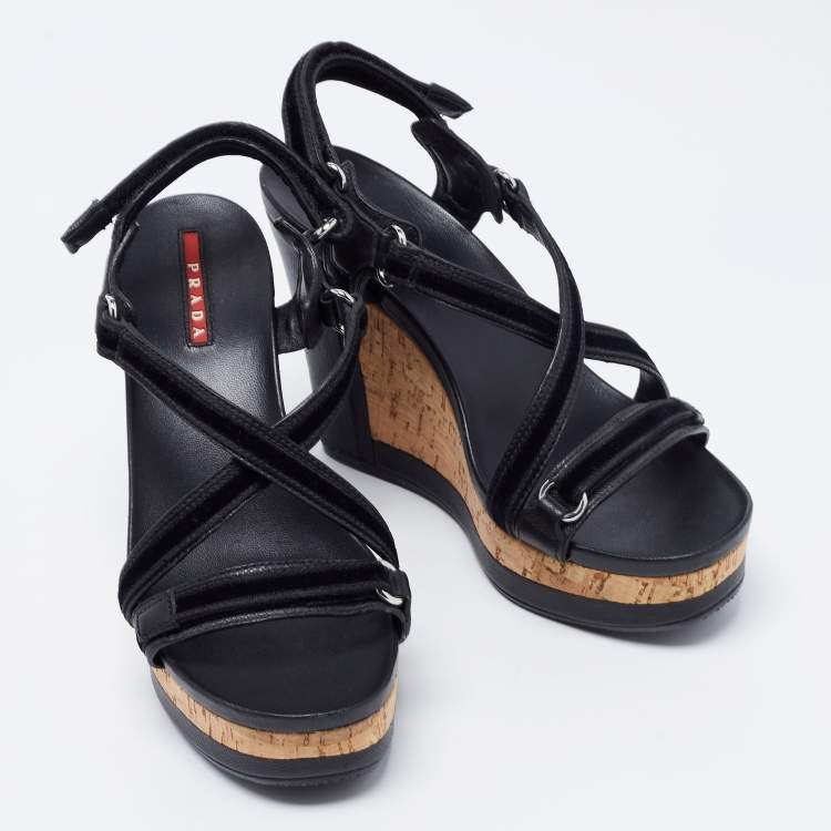 Pre Owned Prada Sport Black Leather and Velvet Cork Platform Wedge Sandals Size 36.5
