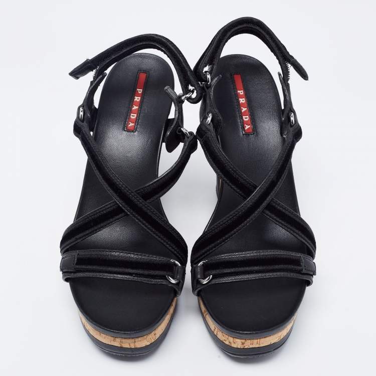 Pre Owned Prada Sport Black Leather and Velvet Cork Platform Wedge Sandals Size 36.5