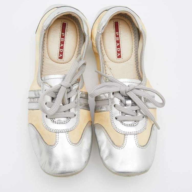 Pre Owned Prada Sport Silver/Cream Leather Scrunch Lace Up Ballet Flats Size 35.5
