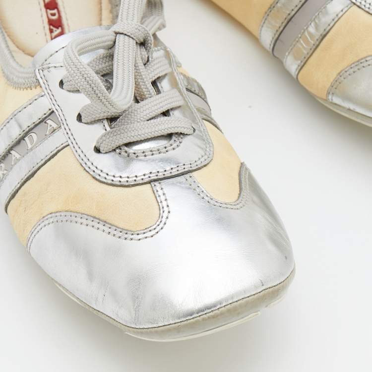 Pre Owned Prada Sport Silver/Cream Leather Scrunch Lace Up Ballet Flats Size 35.5