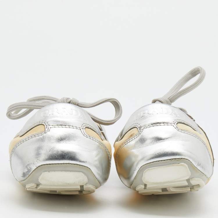 Pre Owned Prada Sport Silver/Cream Leather Scrunch Lace Up Ballet Flats Size 35.5