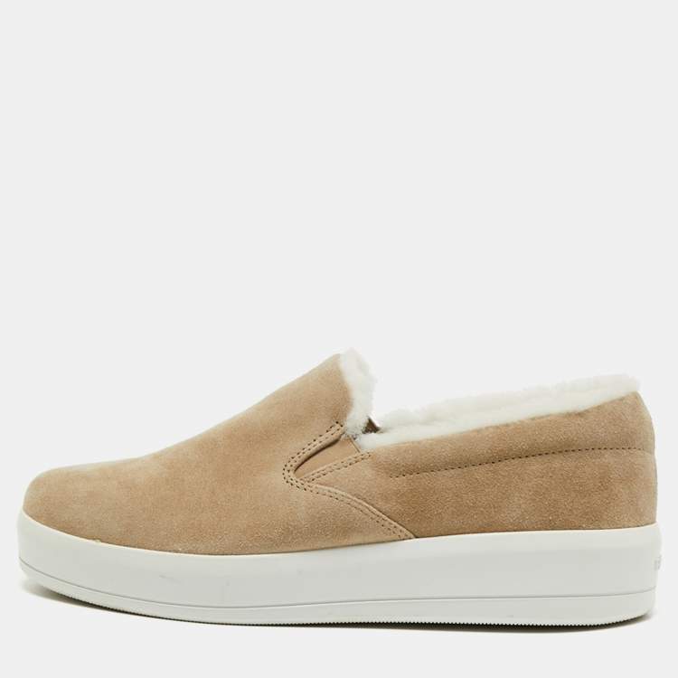 Pre Owned Prada Sport Beige/White Suede and Shearling slip-on Sneakers Size 37