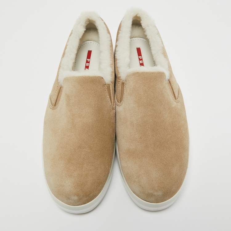 Pre Owned Prada Sport Beige/White Suede and Shearling slip-on Sneakers Size 37