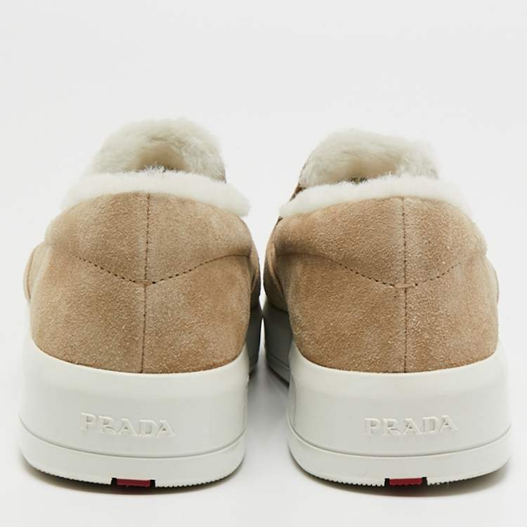 Pre Owned Prada Sport Beige/White Suede and Shearling slip-on Sneakers Size 37