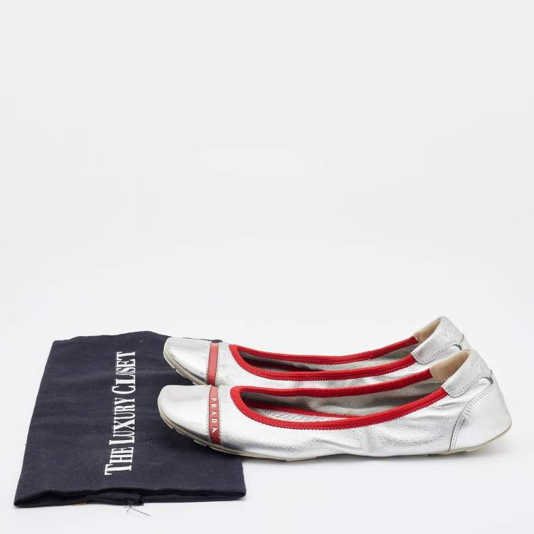 Pre Owned Prada Sport Metallic Silver Leather Scrunch Ballet Flats Size 38