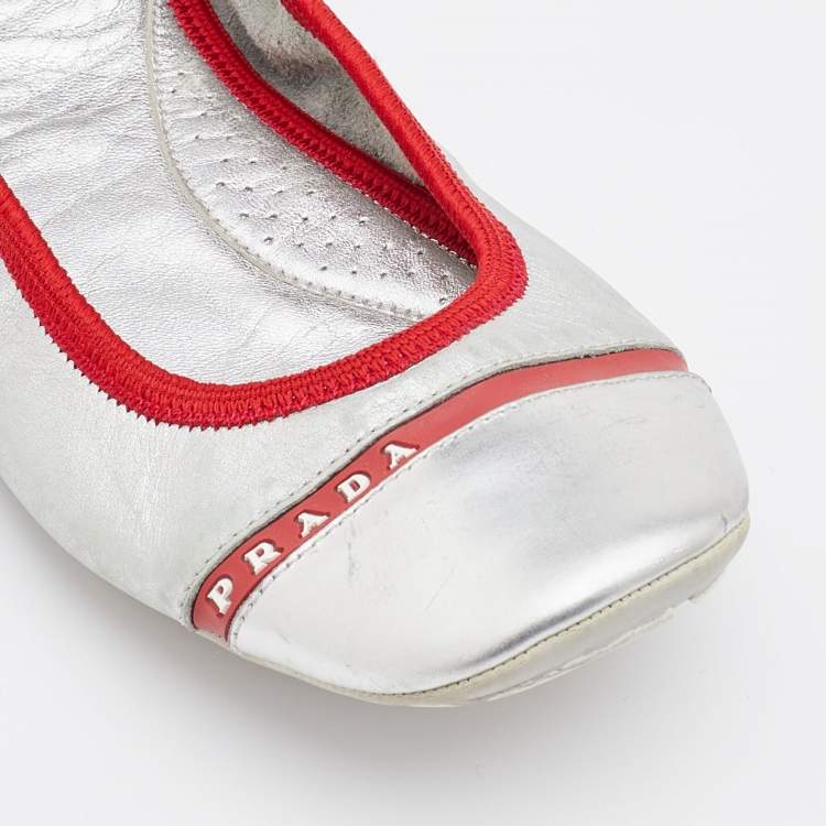 Pre Owned Prada Sport Metallic Silver Leather Scrunch Ballet Flats Size 38