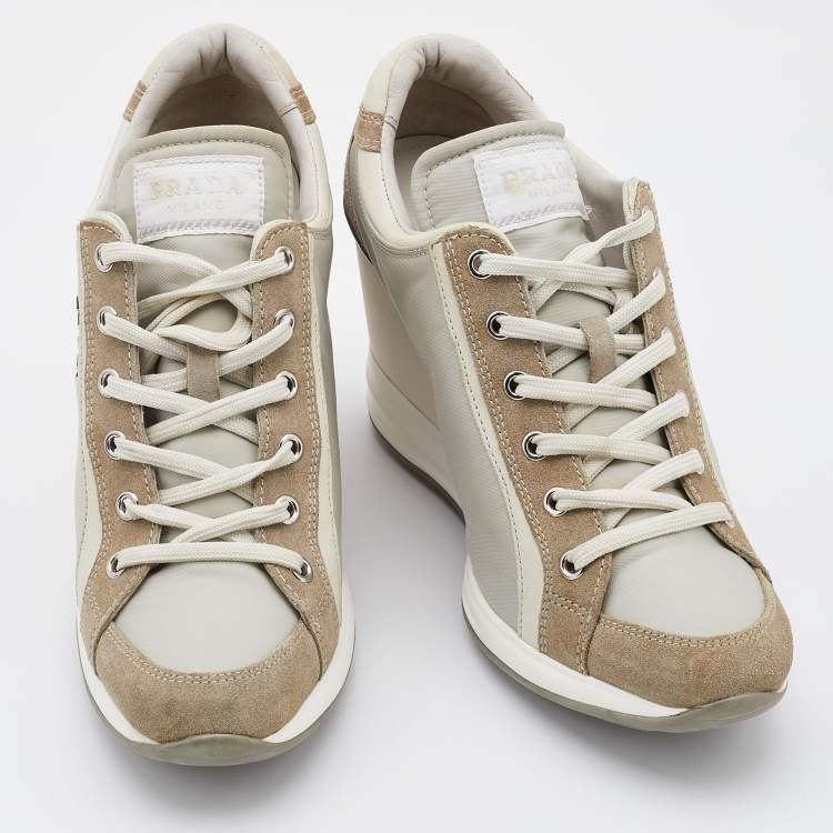 Pre Owned Prada Sport Tricolor Nylon and Suede Wedge Sneakers Size 38