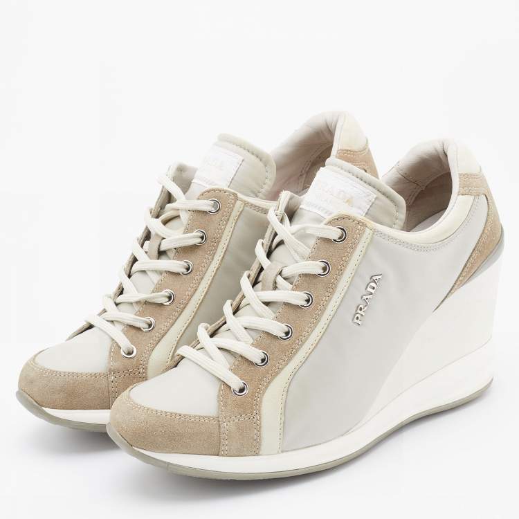 Pre Owned Prada Sport Tricolor Nylon and Suede Wedge Sneakers Size 38