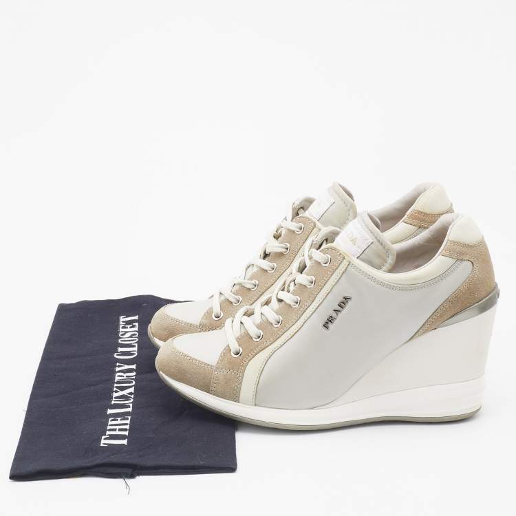Pre Owned Prada Sport Tricolor Nylon and Suede Wedge Sneakers Size 38