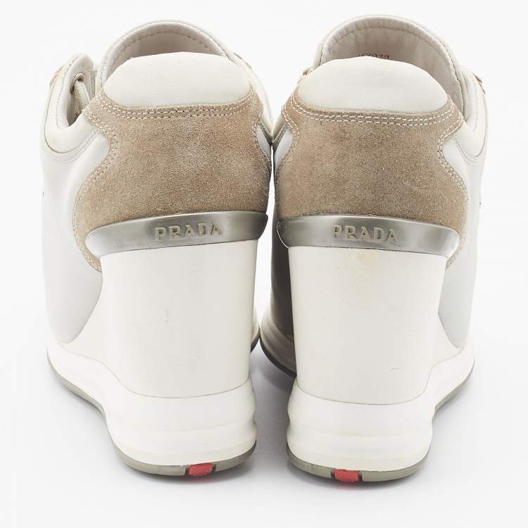 Pre Owned Prada Sport Tricolor Nylon and Suede Wedge Sneakers Size 38