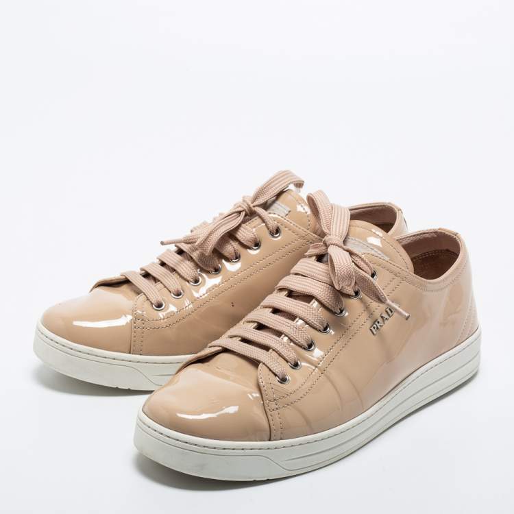 Pre Owned Prada Sport Beige Patent Leather Lace Up Sneakers Size 40