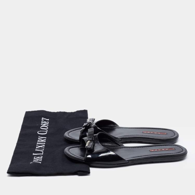 Pre Owned Prada Sport Black Patent Leather Bow Flat Slides Size 38.5