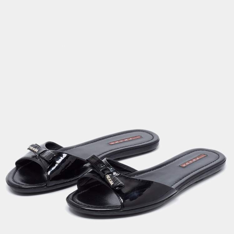 Pre Owned Prada Sport Black Patent Leather Bow Flat Slides Size 38.5