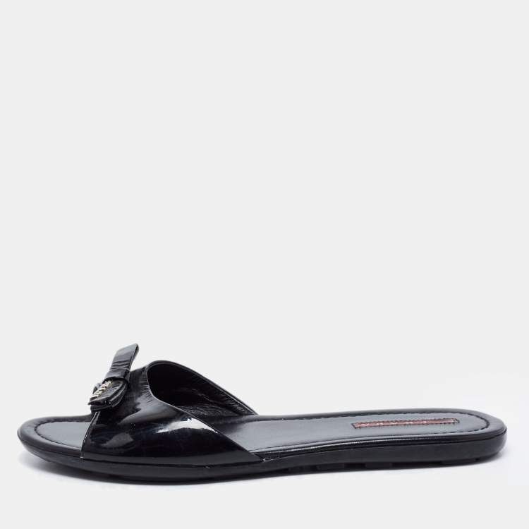 Pre Owned Prada Sport Black Patent Leather Bow Flat Slides Size 38.5
