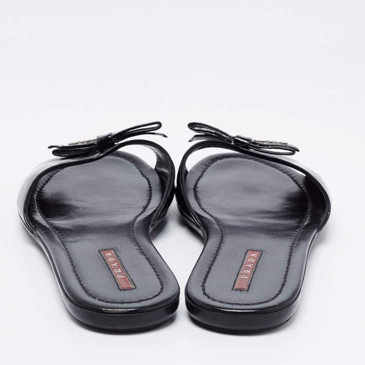 Pre Owned Prada Sport Black Patent Leather Bow Flat Slides Size 38.5
