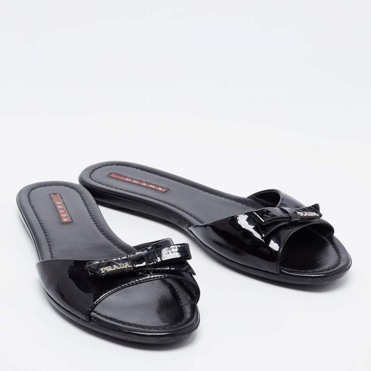 Pre Owned Prada Sport Black Patent Leather Bow Flat Slides Size 38.5