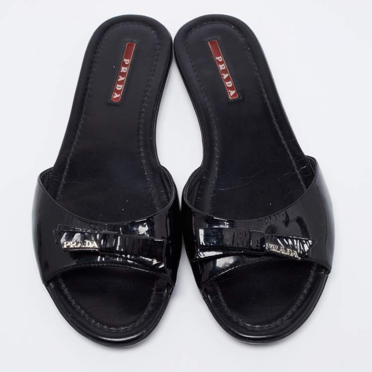 Pre Owned Prada Sport Black Patent Leather Bow Flat Slides Size 38.5