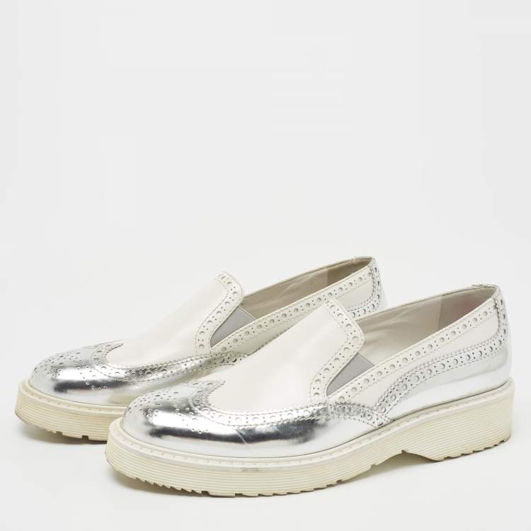 Pre Owned Prada Sport White/Silver Brogue Leather Slip On Sneakers Size 39.5