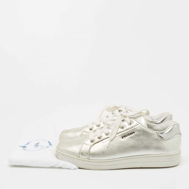Pre Owned Prada Sport Metallic Silver Leather Low Top Sneakers Size 38.5