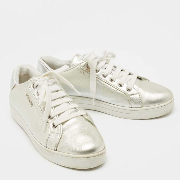Pre Owned Prada Sport Metallic Silver Leather Low Top Sneakers Size 38.5