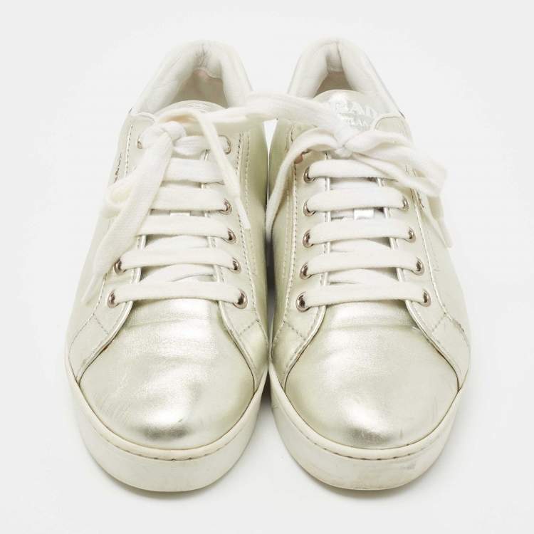 Pre Owned Prada Sport Metallic Silver Leather Low Top Sneakers Size 38.5