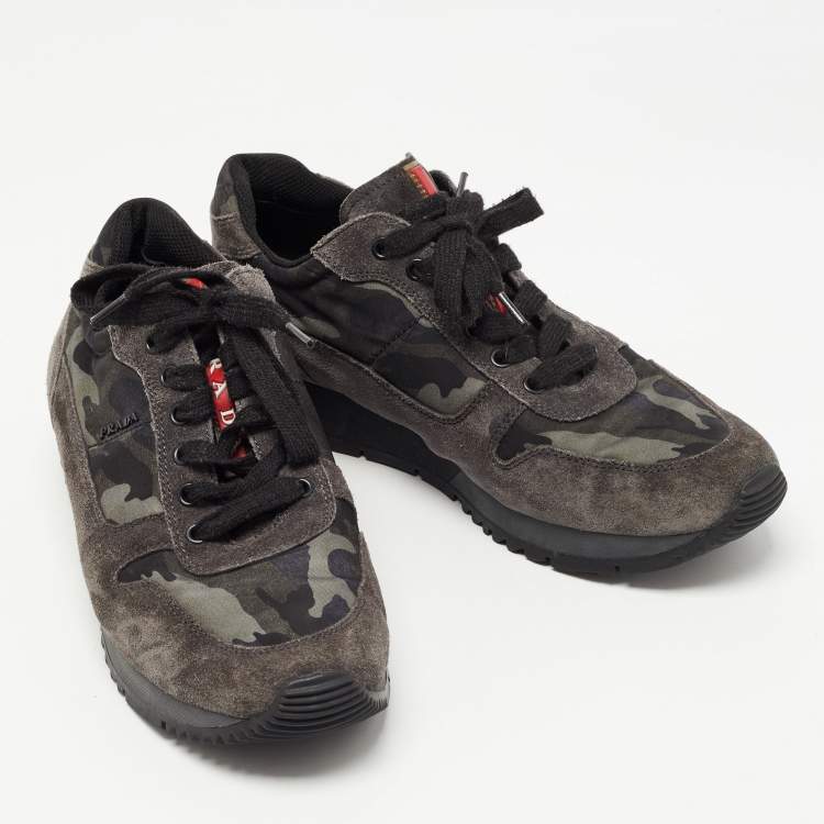 Pre Owned Prada Sport Grey Suede and Camouflage Print Nylon Low Top Sneakers Size 37.5