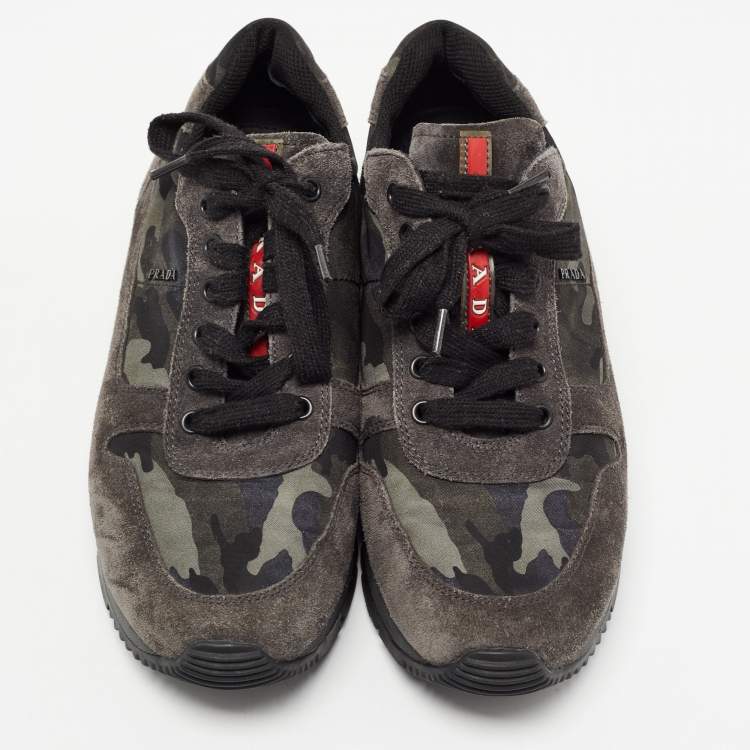 Pre Owned Prada Sport Grey Suede and Camouflage Print Nylon Low Top Sneakers Size 37.5