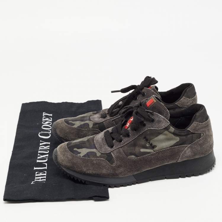 Pre Owned Prada Sport Grey Suede and Camouflage Print Nylon Low Top Sneakers Size 37.5