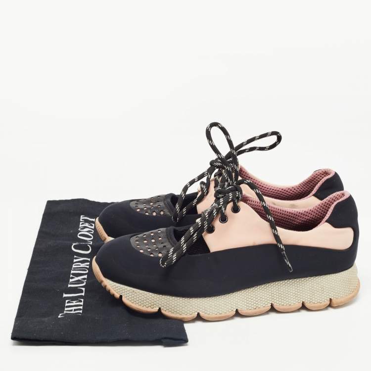 Pre Owned Prada Sport Black/Pink Leather and Neoprene Cut Out Low Top Sneakers Size 39