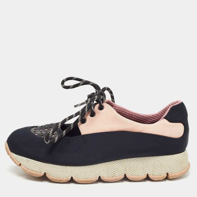 Prada Sport Black/Pink Leather and Neoprene Cut Out Low Top