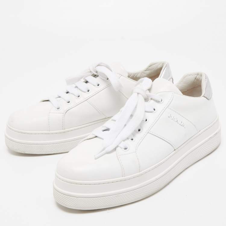 Pre Owned Prada Sport White/Silver Leather Low Top Sneakers Size 38.5