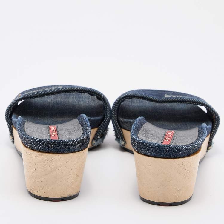 Pre Owned Prada Sport Blue Denim Wedge Slide Sandals Size 38