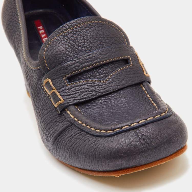 Pre Owned Prada Sport Navy Blue Leather Loafer Pumps Size 39