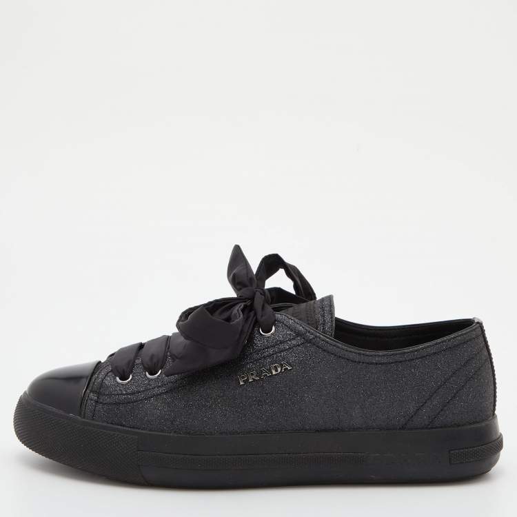 Pre Owned Prada Sport Black Glitter and Leather Logo Low Top Sneakers Size 38