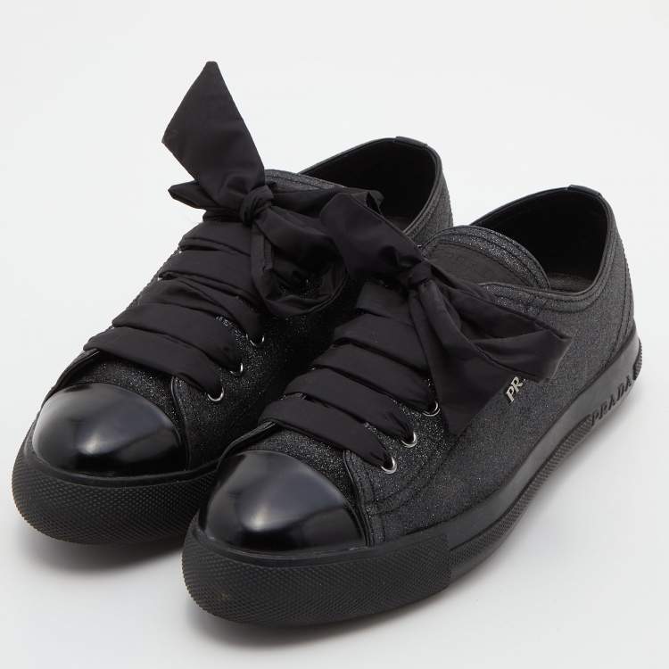 Pre Owned Prada Sport Black Glitter and Leather Logo Low Top Sneakers Size 38