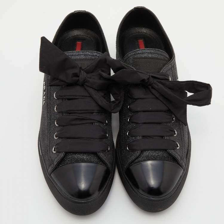 Pre Owned Prada Sport Black Glitter and Leather Logo Low Top Sneakers Size 38
