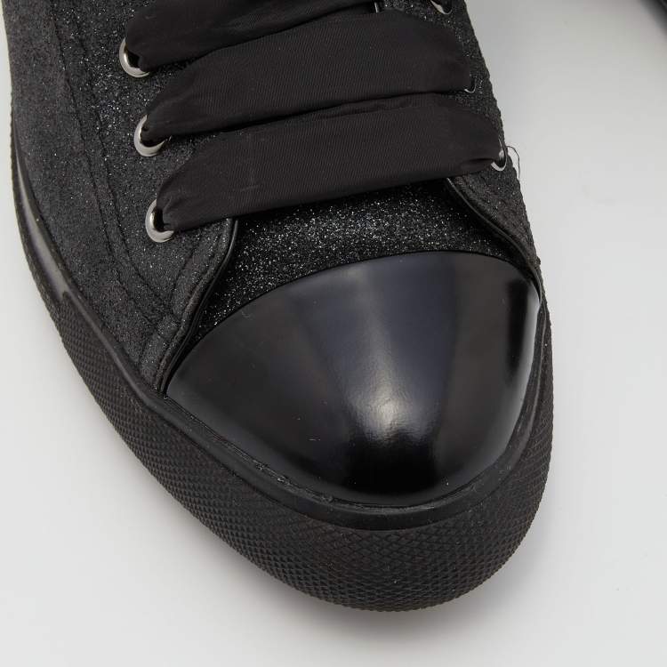 Pre Owned Prada Sport Black Glitter and Leather Logo Low Top Sneakers Size 38
