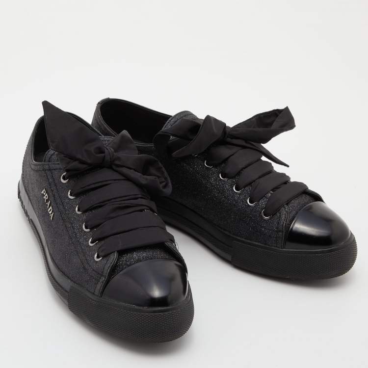 Pre Owned Prada Sport Black Glitter and Leather Logo Low Top Sneakers Size 38