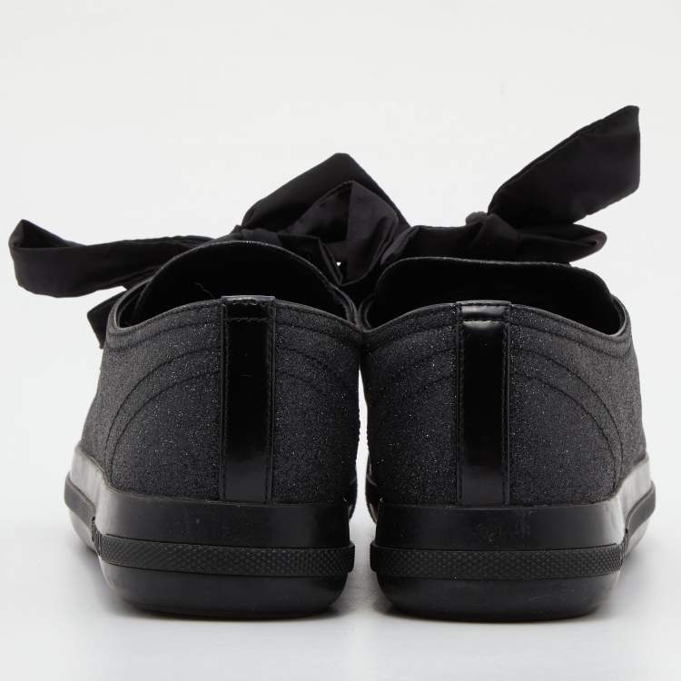 Pre Owned Prada Sport Black Glitter and Leather Logo Low Top Sneakers Size 38
