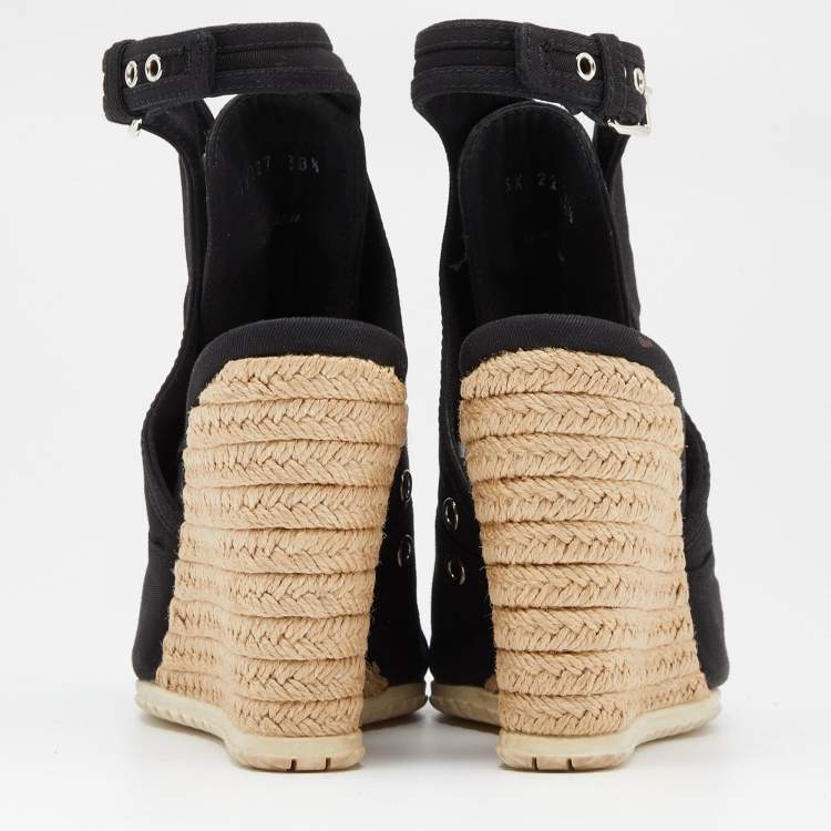 Pre Owned Prada Sport Black Canvas Espadrille Wedge Slingback Sandals Size 38.5