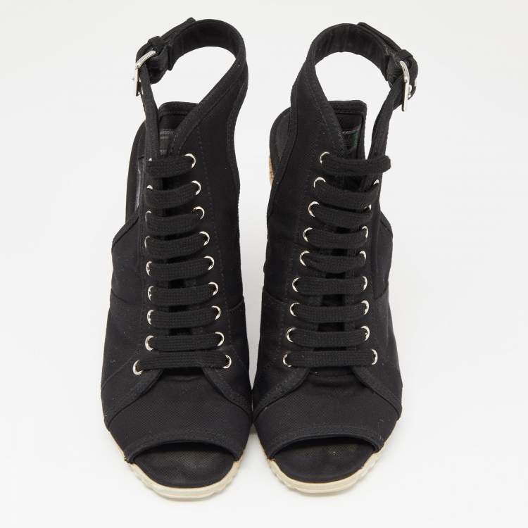 Pre Owned Prada Sport Black Canvas Espadrille Wedge Slingback Sandals Size 38.5