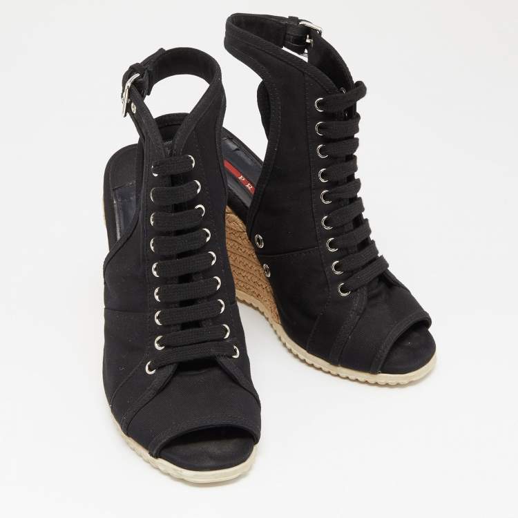 Pre Owned Prada Sport Black Canvas Espadrille Wedge Slingback Sandals Size 38.5