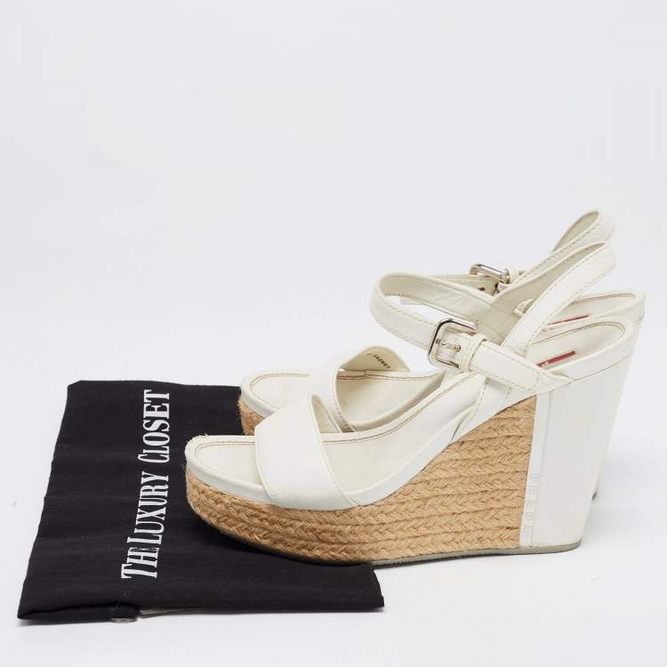 Pre Owned Prada Sport White Leather Espadrille Platform Wedge Sandals Size 38