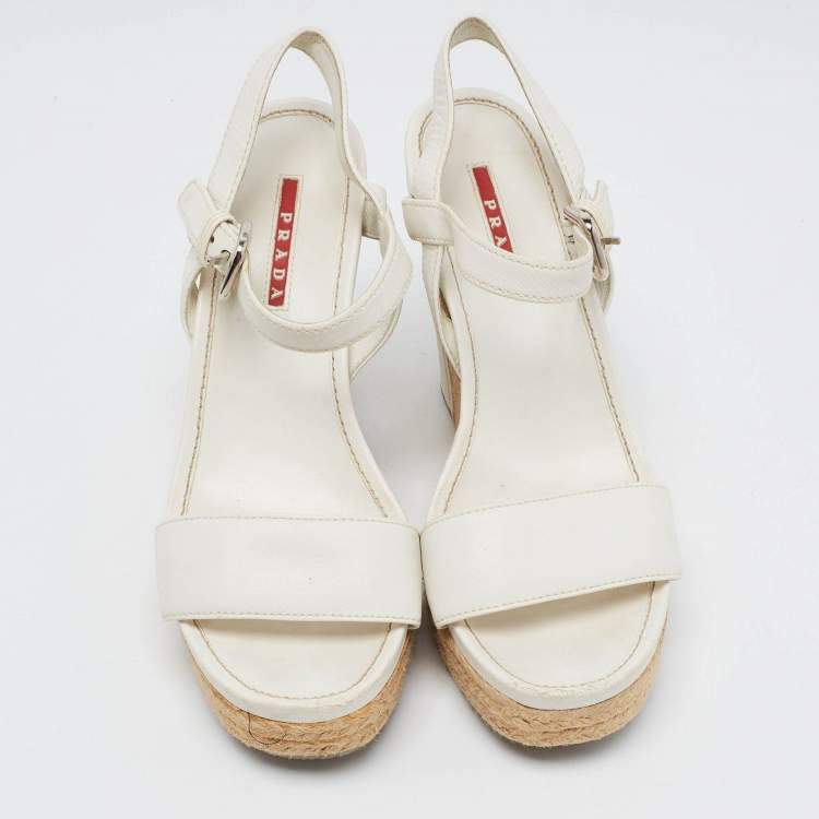 Pre Owned Prada Sport White Leather Espadrille Platform Wedge Sandals Size 38