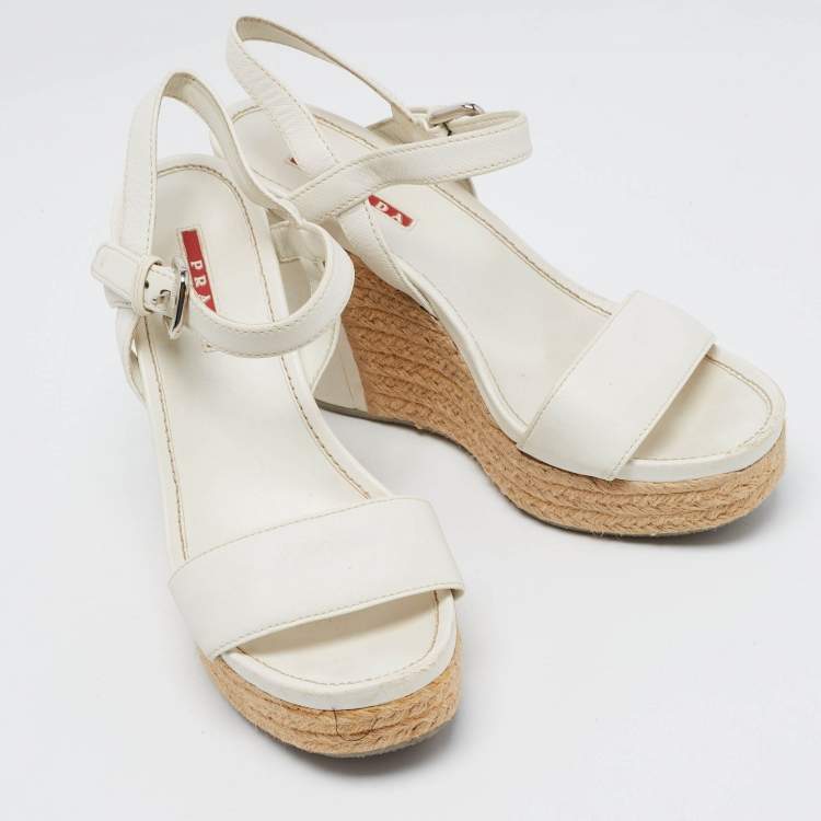 Pre Owned Prada Sport White Leather Espadrille Platform Wedge Sandals Size 38
