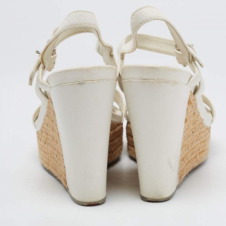 Pre Owned Prada Sport White Leather Espadrille Platform Wedge Sandals Size 38
