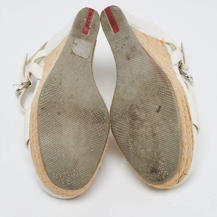 Pre Owned Prada Sport White Leather Espadrille Platform Wedge Sandals Size 38