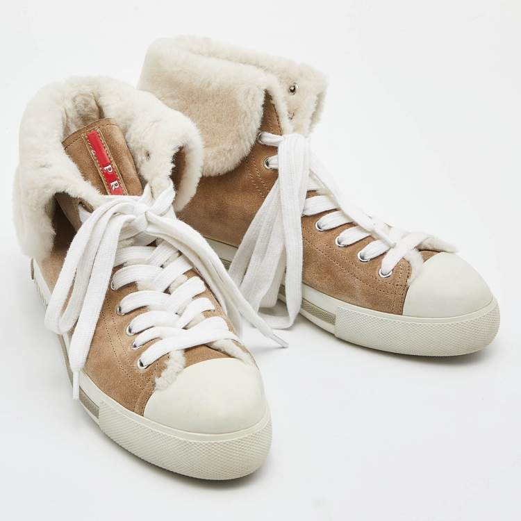 Pre Owned Prada Sport Beige Suede and Fur High Top Sneakers Size 39.5