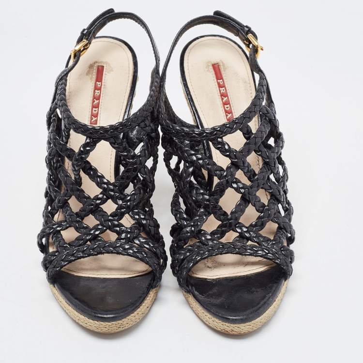 Pre Owned Prada Sport Black Braided Leather Espadrille Wedge Sandals Size 38